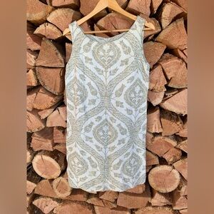 Linen Cotton White Kelly Green Mini Dress Boho Farm Prairie 1960s Women’s Medium